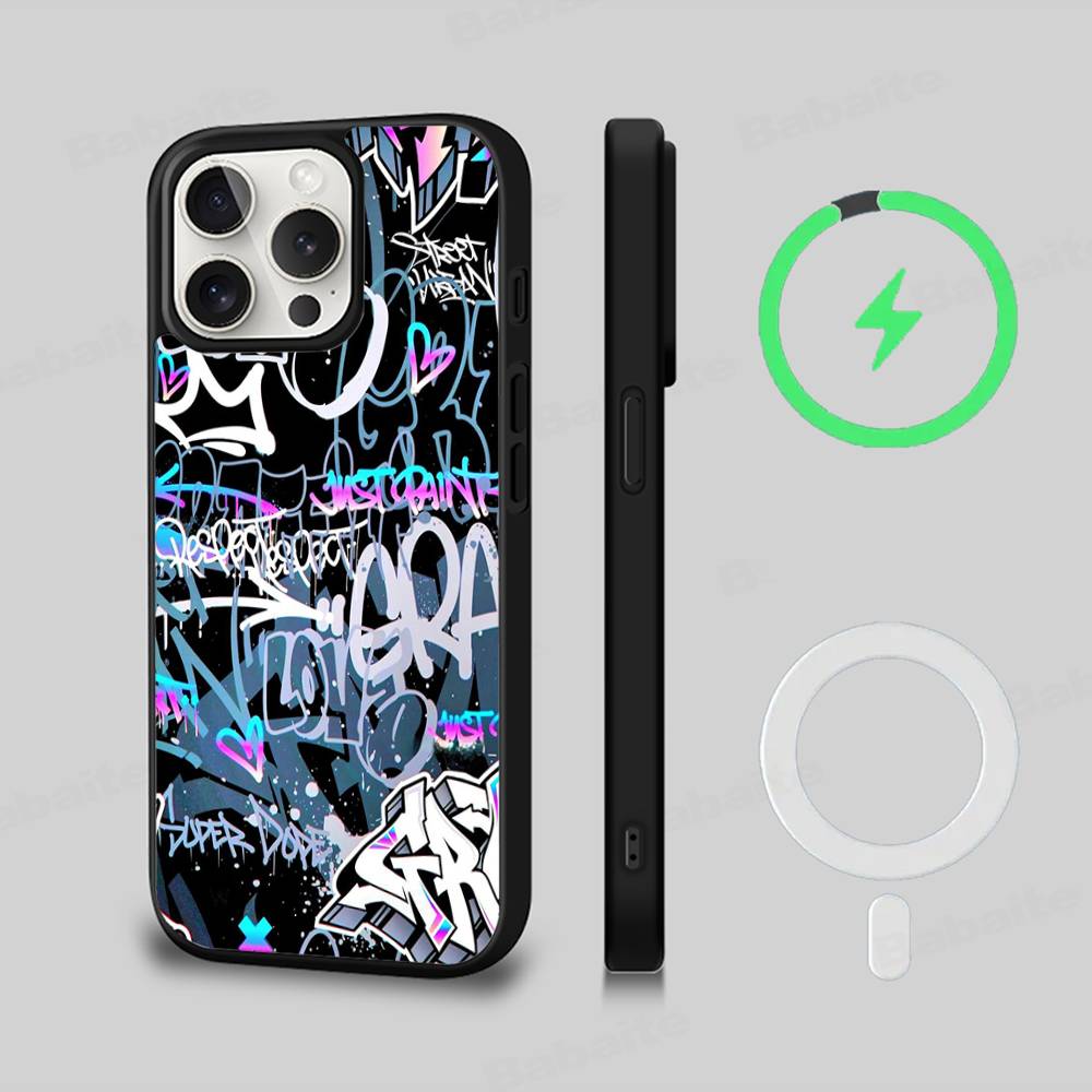 Cool Black Graffiti Phone Case For iPhone 13 14 15 11 12 16 17 Pro Max Plus For Magsafe Magnetic Shell