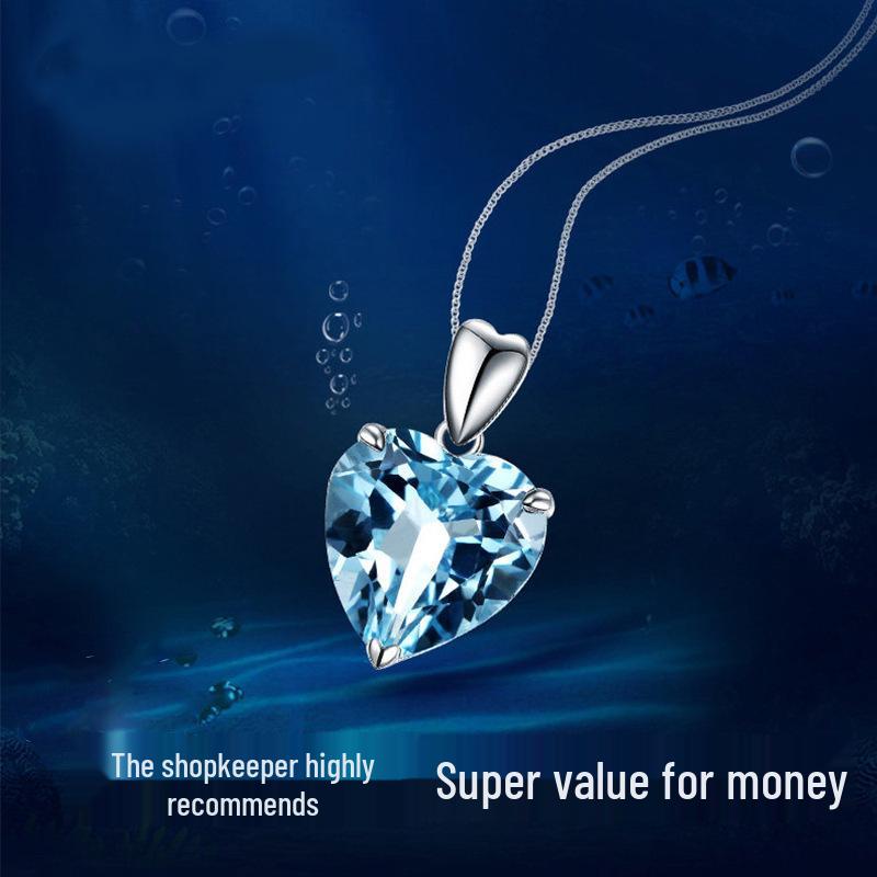 Натуральный голубой кристалл топаз, ожерелье-сердце, вдохновленное океаном, с посеребрением 925 пробы.
