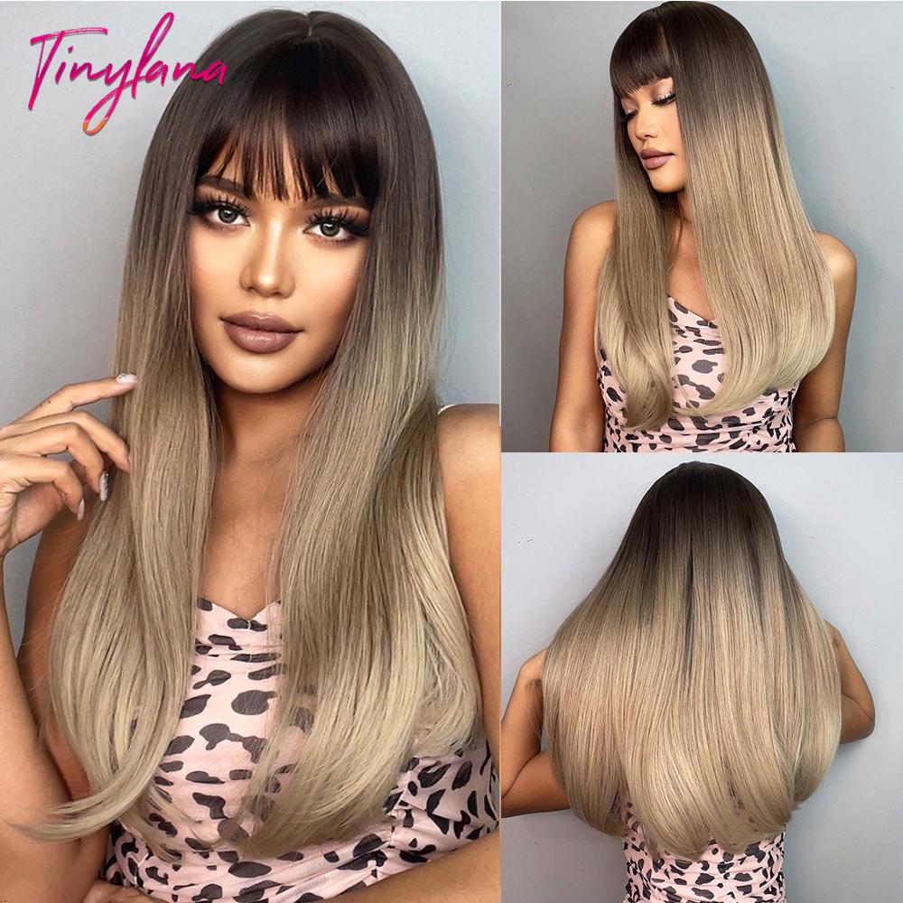 Long Straight Synthetic Wig with Bangs Dark Black Gray Hair Wigs for Women Cosplay Natural Hair Heat Resistant Layered Wigs