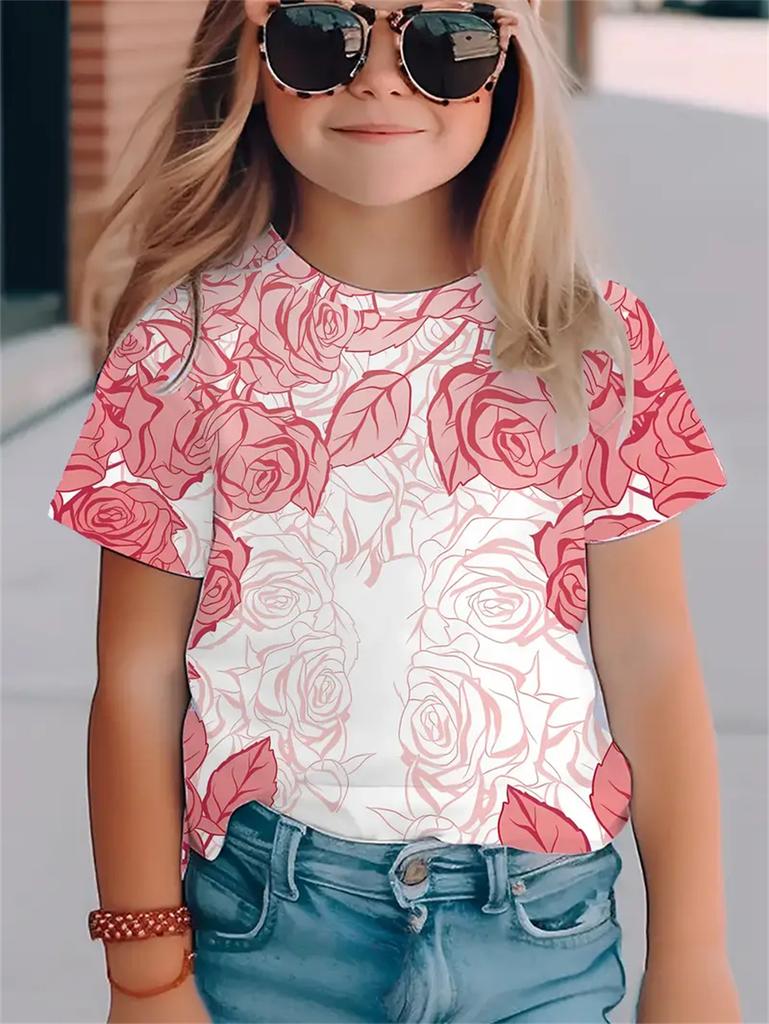 Flower Casual 3d Print Fashion Funny Girls' T-Shirts Summer Short Sleeved Tops Tee Casual T-Shirts Girls' Clothing