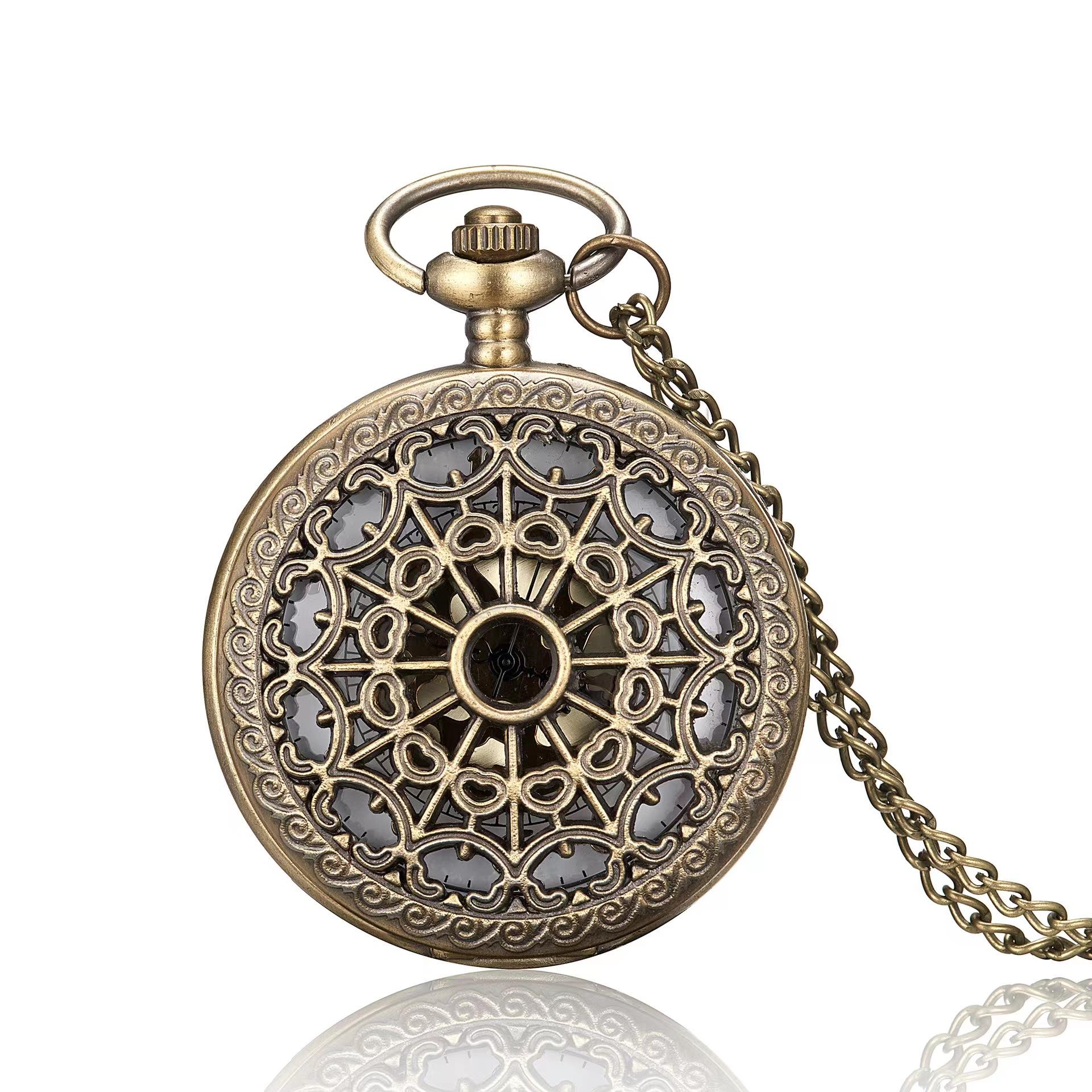 

Vintage bronze heart-shaped cobweb clamshell quartz pocket watch necklace Pendant Handmade clock souvenir gift for men and women бронзовый