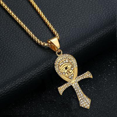 Ägyptisches Iced Out Ankh Kreuz Anhänger Goldfarbe Edelstahl Horusauge Halskette Für Männer Frauen Altes Ägypten Schmuck Geschenk