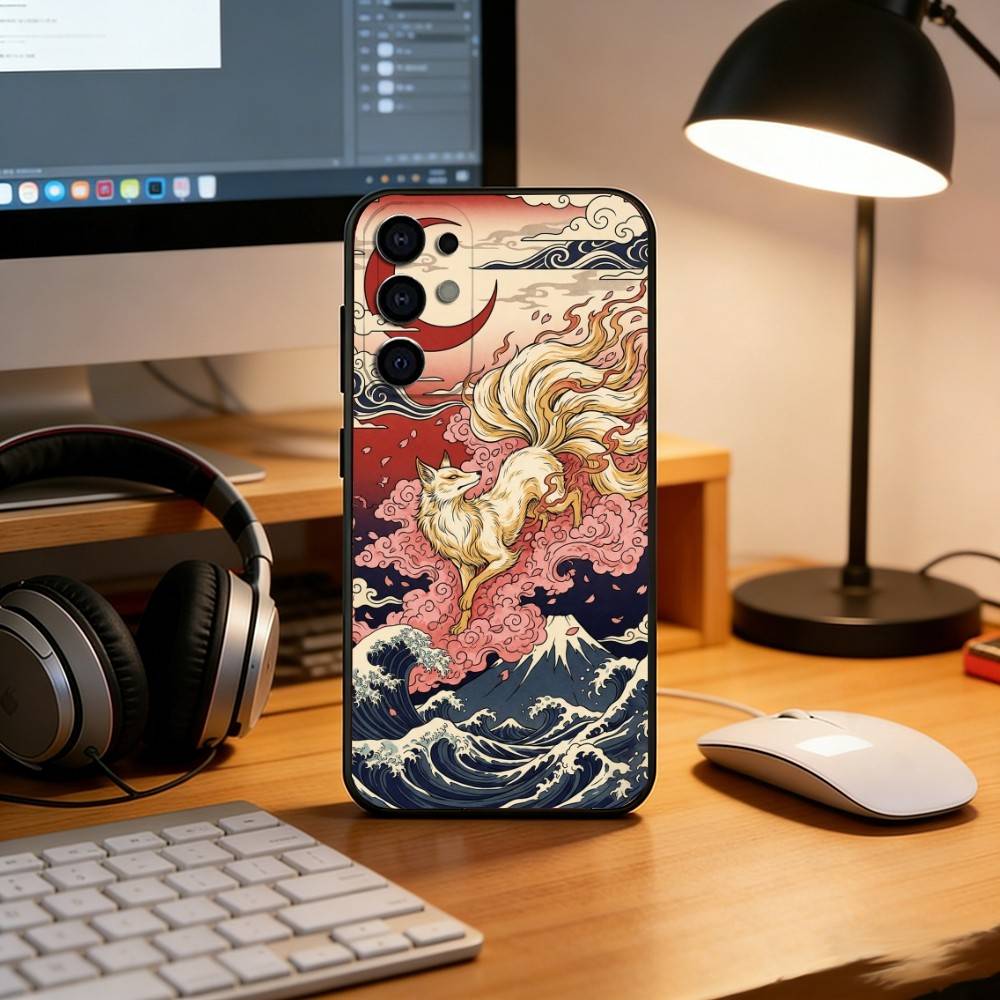 Nine-Tailed Fox Pattern Phone Case Black Silicone Soft For Samsung S25,S24,S21,S22,S23,S30,Ultra,S20,Plus,Fe,Lite