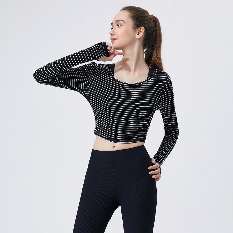 Women's Spring Striped Slimming Yoga Crop Top with Thumb Holes - Long Sleeve Fitness Shirt