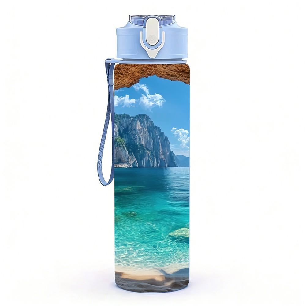 1PC Ocean Sea Cave Coastal Nature Landscape Art 750ml Color Plastic Sports Water Bottle Leakproof Flip Straw Lid Suitable for Sports Office Home Use