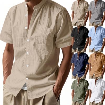 Men's Solid Color Classic Loose Linen Carburean Stand-up Collar Short-sleeved Sporty Casual Shirt Top