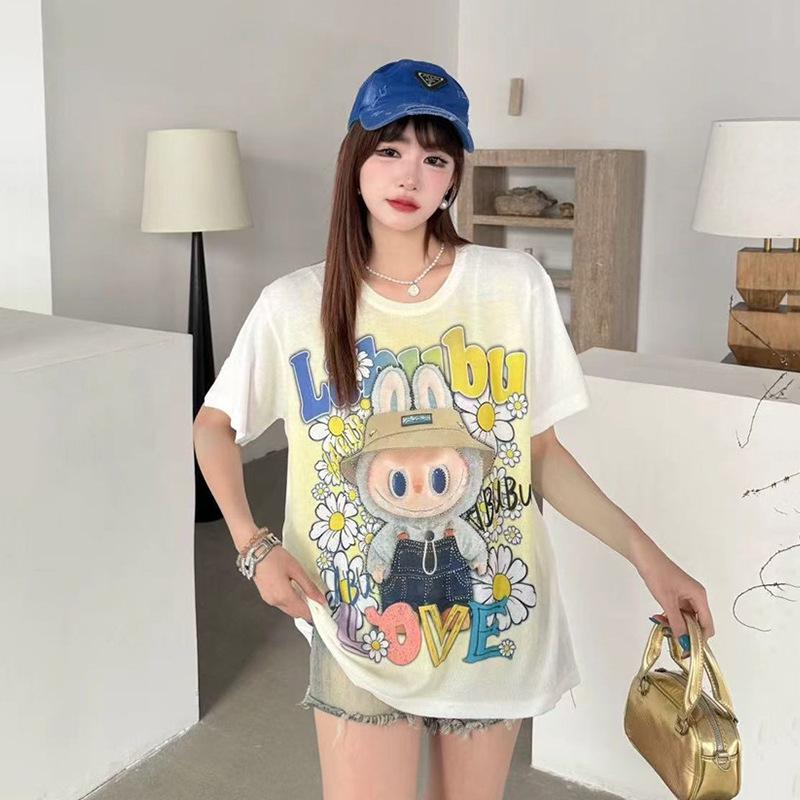 

Summer 2025 Sweet Cartoon Earphone Rabbit T-Shirt for Women – Loose, Casual, Short-Sleeve, Heavy Knit. One Size (85-170 jin)