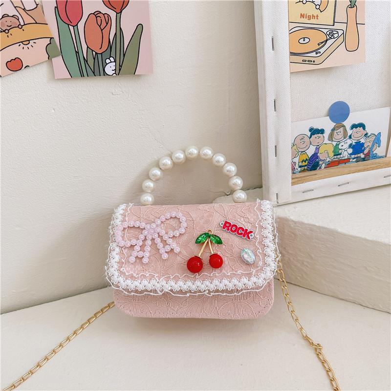 Stylish Lace Princess Mini Pearl Handheld Purse For Girls With Floral Patterns And Breathable Polyester