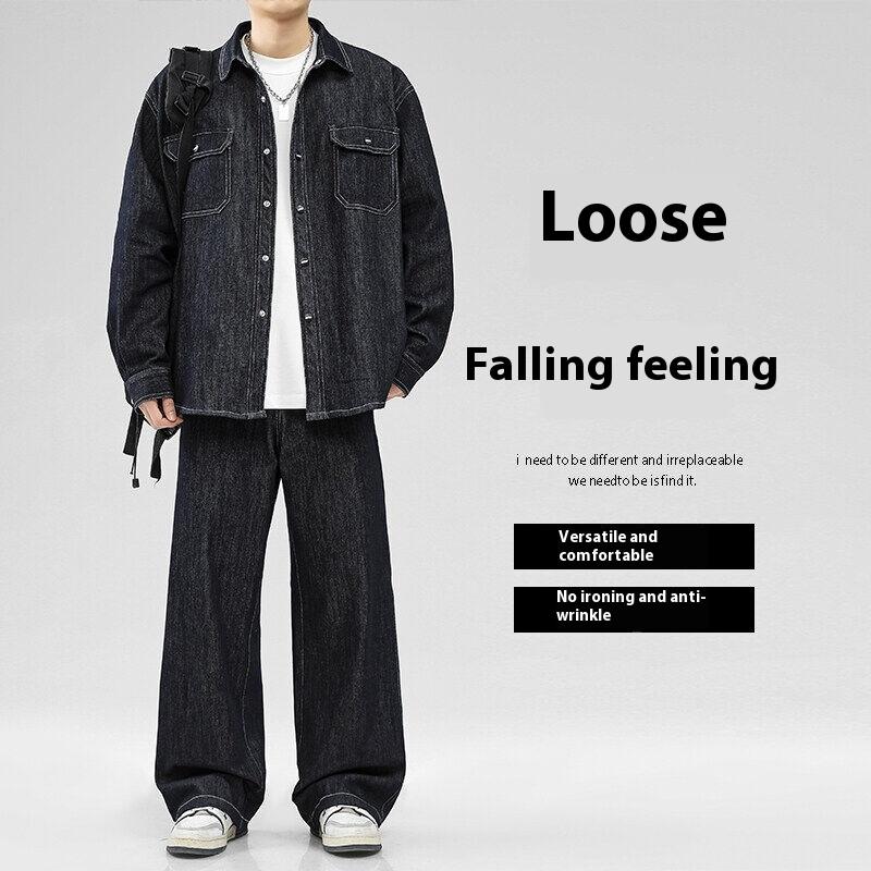 

Multi-pocket Denim Long-sleeved Shirt with Trousers 3XL синій