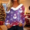 Women's Casual Christmas Print V-Neck Top with Plush Collar and Long Sleeves
