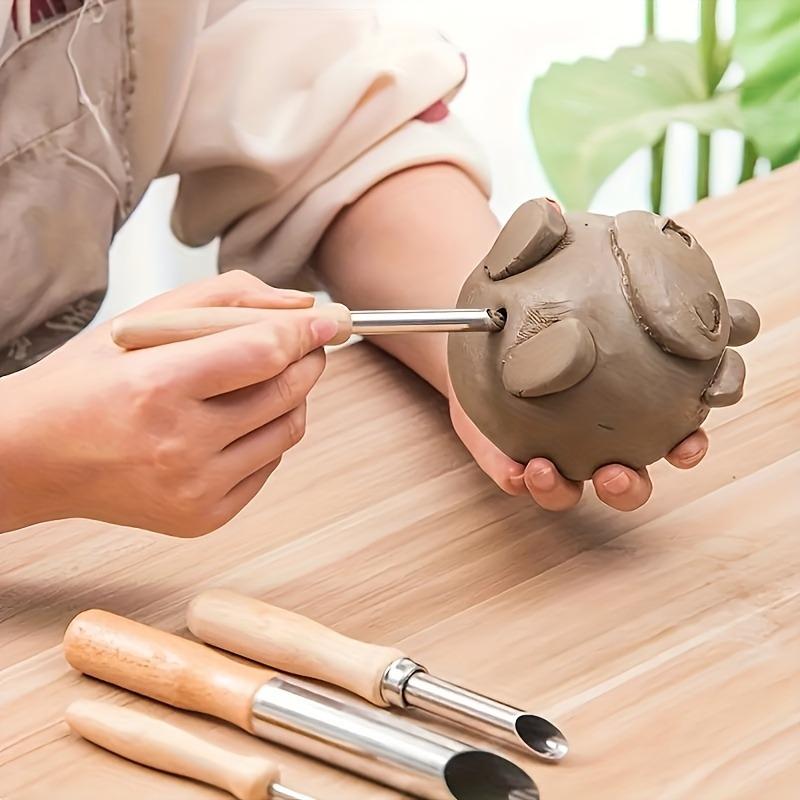 4pcs Solid Wood Circular Hole Pottery Sculpting Tools Set Metal Carving Engraving Implements for Clay Modelling Punch Hole