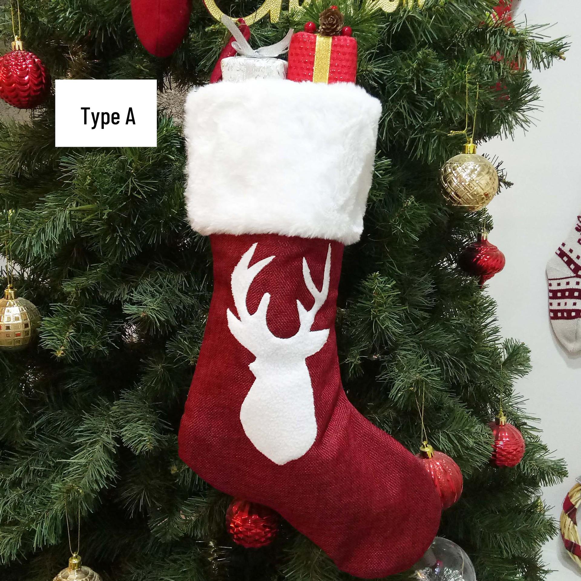 Reindeer Embroidered Red Hemp Christmas Stockings Gift Bags