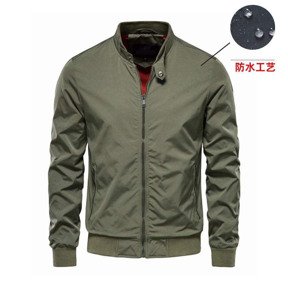 Men's Black Waterproof Bomber Jacket Stand Collar Zipper Casual Outerwear