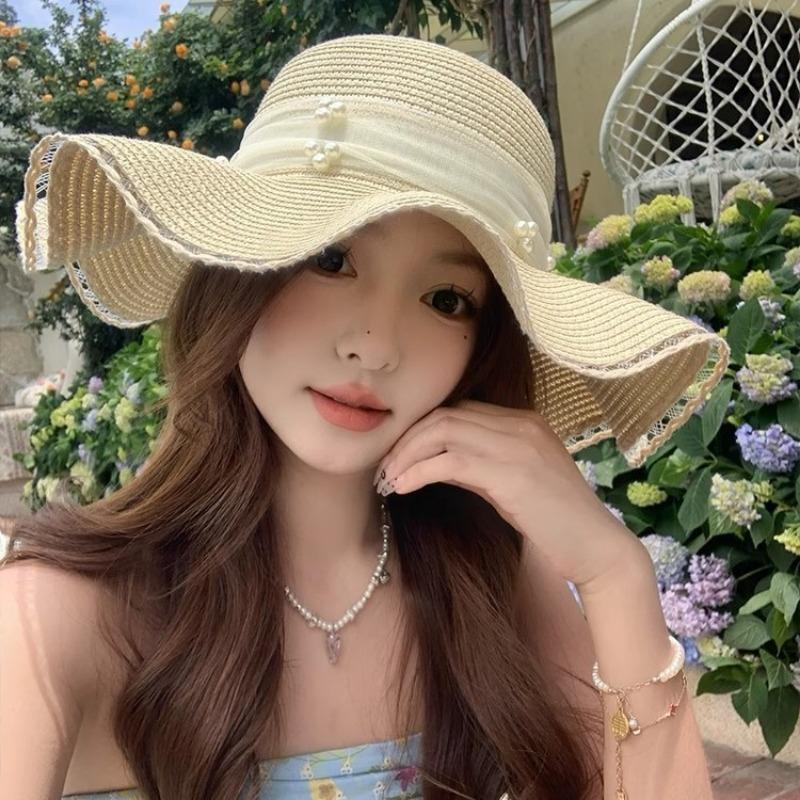 Wave Edge Lace Pearl Bow Straw Hat Women's Summer Seaside Sunshade Sunscreen Hat Large Brim Sun Hat Tide