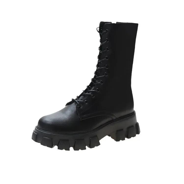 Mid Calf Boots Lace-up Women's Boots Pu Leather Platform Boot Non-Slip Zipper Ankle Boots Fashion Chunky Heel Women Shoes
