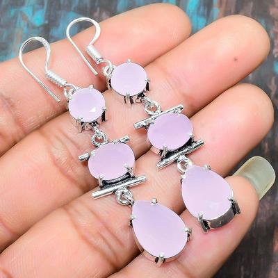 Pink Chalcedony Gemstone Handmade Jewelry 925 Sterling Silver Earring For Women