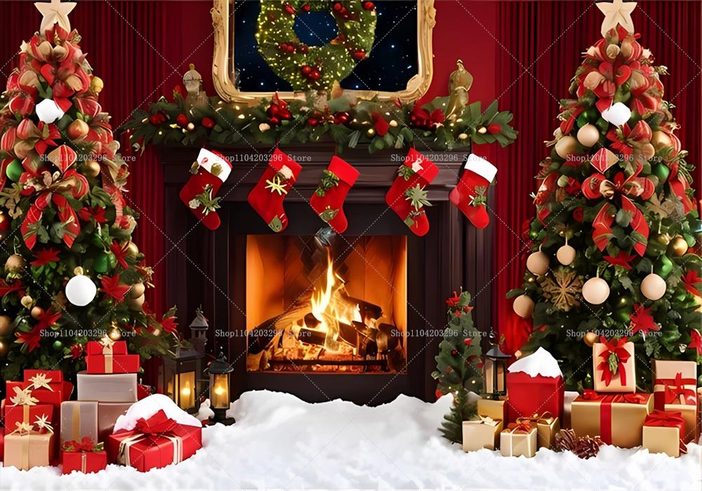 Kış Penceresi Noel Arka Planı Şömine Noel Ağacı Hediyeler Ayıcık Navidad Parti Dekorasyonu Çocuk Portre Fotoğrafçılığı Arka Planı