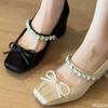 Fashion Spring Summer New Butterfly Knot Thick Single Shoes Square Toe Shallow Mouth Fashionable Elegant Simple Versatile High Heels