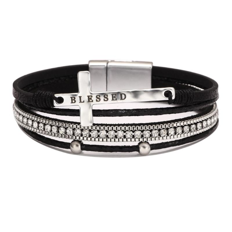

Mary Jewelry Bohemian cross bracelet, light luxury micro-diamond magnetic buckle bracelet PU leather bracelet