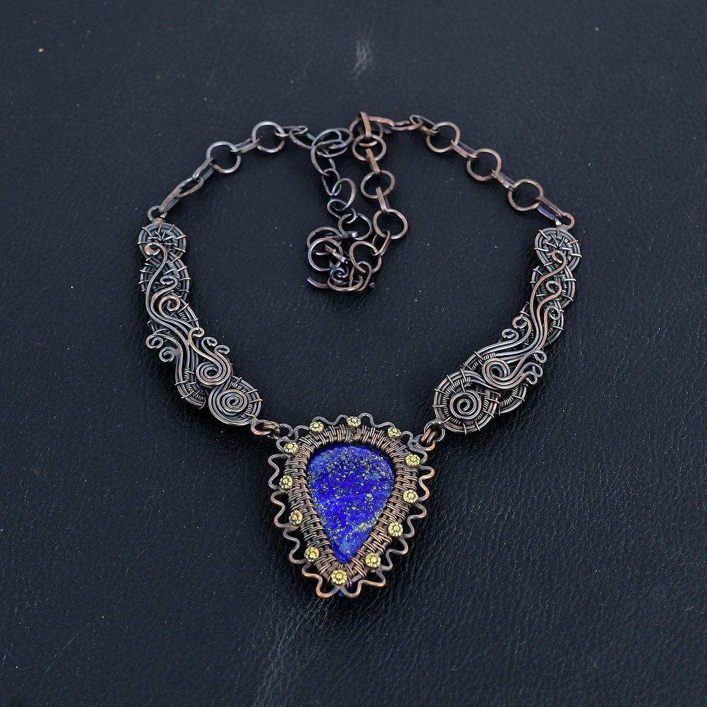 Lapis Lazuli Necklace Handmade Jewelry,  999 Copper Wire Wrapped Necklace Designer Gemstone Jewelry Adjustable Chain Necklace Gift For Mom