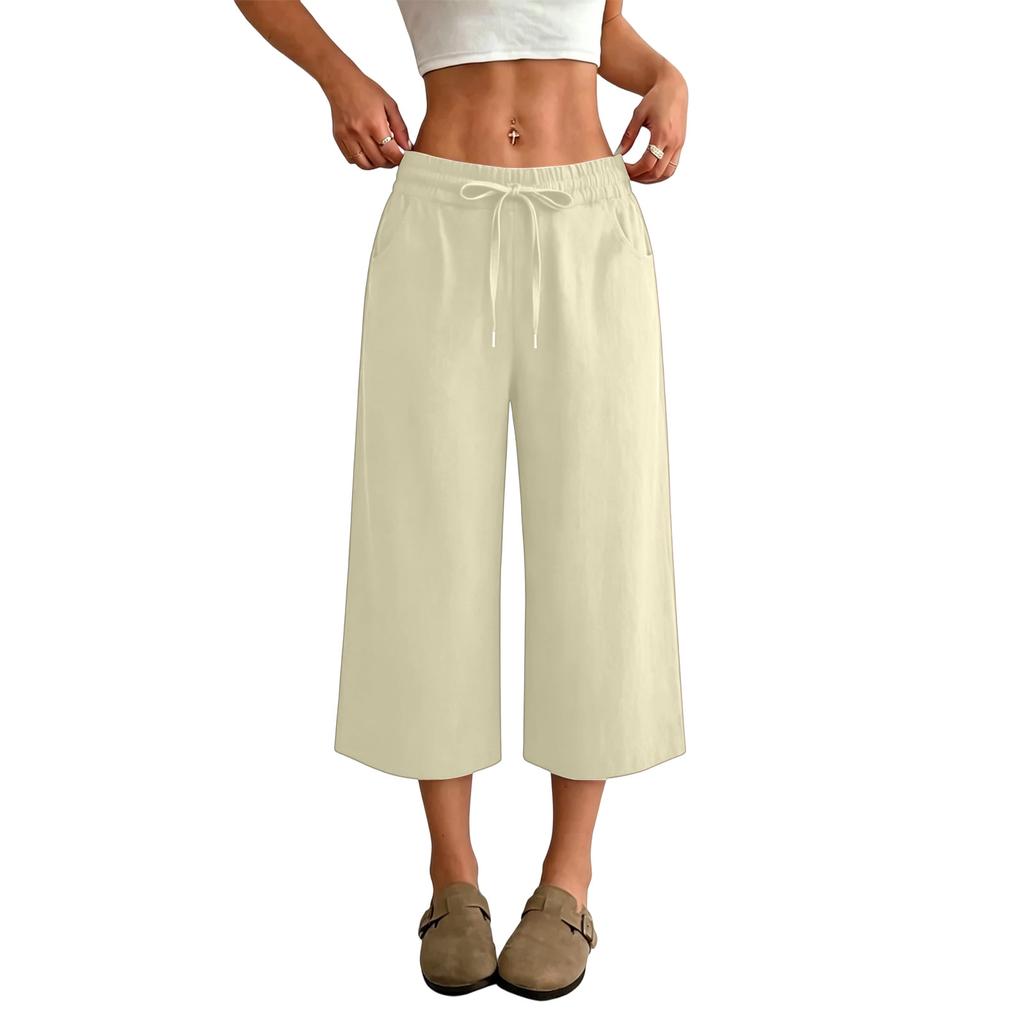 Women’s High Waist Wide Leg Drawstring Cropped Pants with Pockets Relaxed Fit Casual Summer Lightweight Design