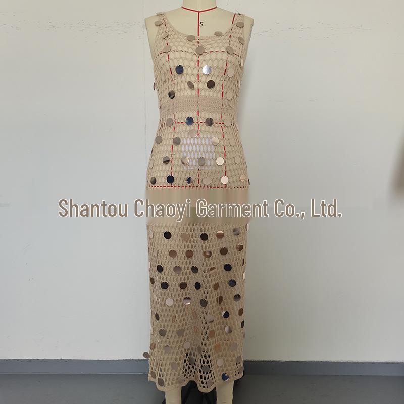 Women's Sequin Long Vacation Dress: Sexy Hollow-Out, Sun Protection Beach Cover-Up