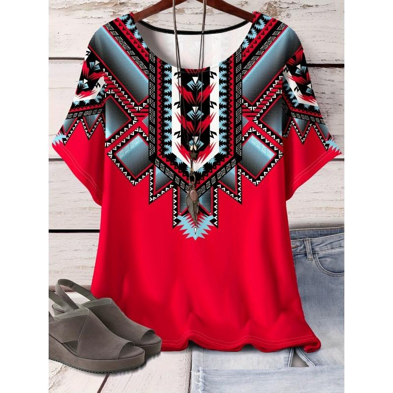 2026 Trend Summer Ethnic Graphic Print T-Shirt Round Neck Comfortable Short Sleeve Tshirt Oversized Tees Tops Women's Clothing