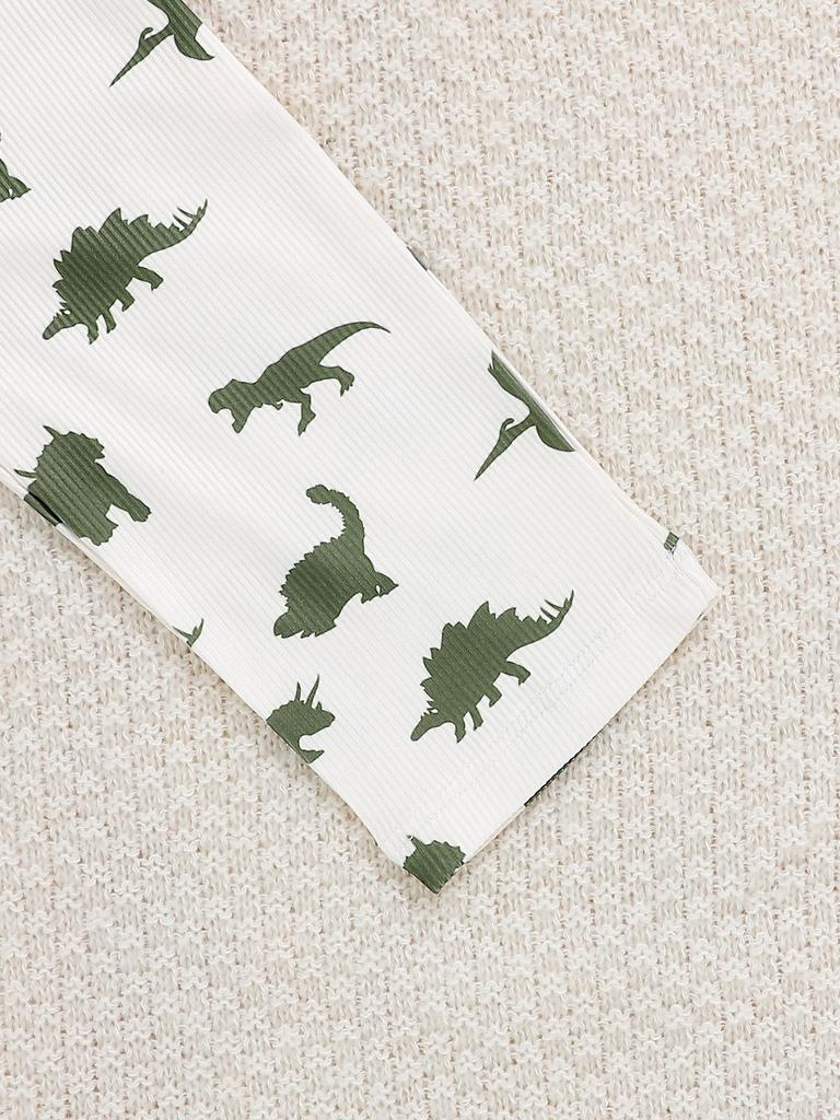 Soft Cotton Baby Boys Dinosaur Overalls 2-Piece Set, Ribbed Knit Long Sleeve Shirt + Dino Print Suspender Pants, Spring Autumn Infant Outfit