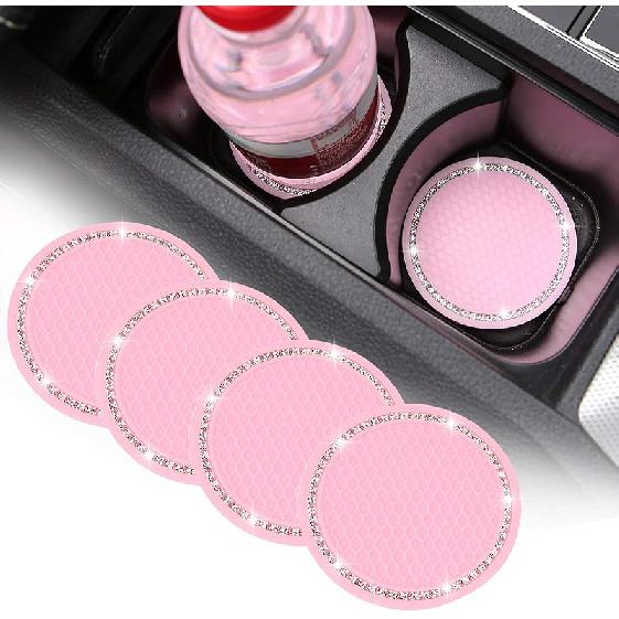 ACODABLEM 4 Pack Bling Car Coasters, 2.75 Inch Bling Crystal Rhinestone Soft Rubber Universal Anti-Slip Glitter Cup Mats Auto Drink Coaster Car