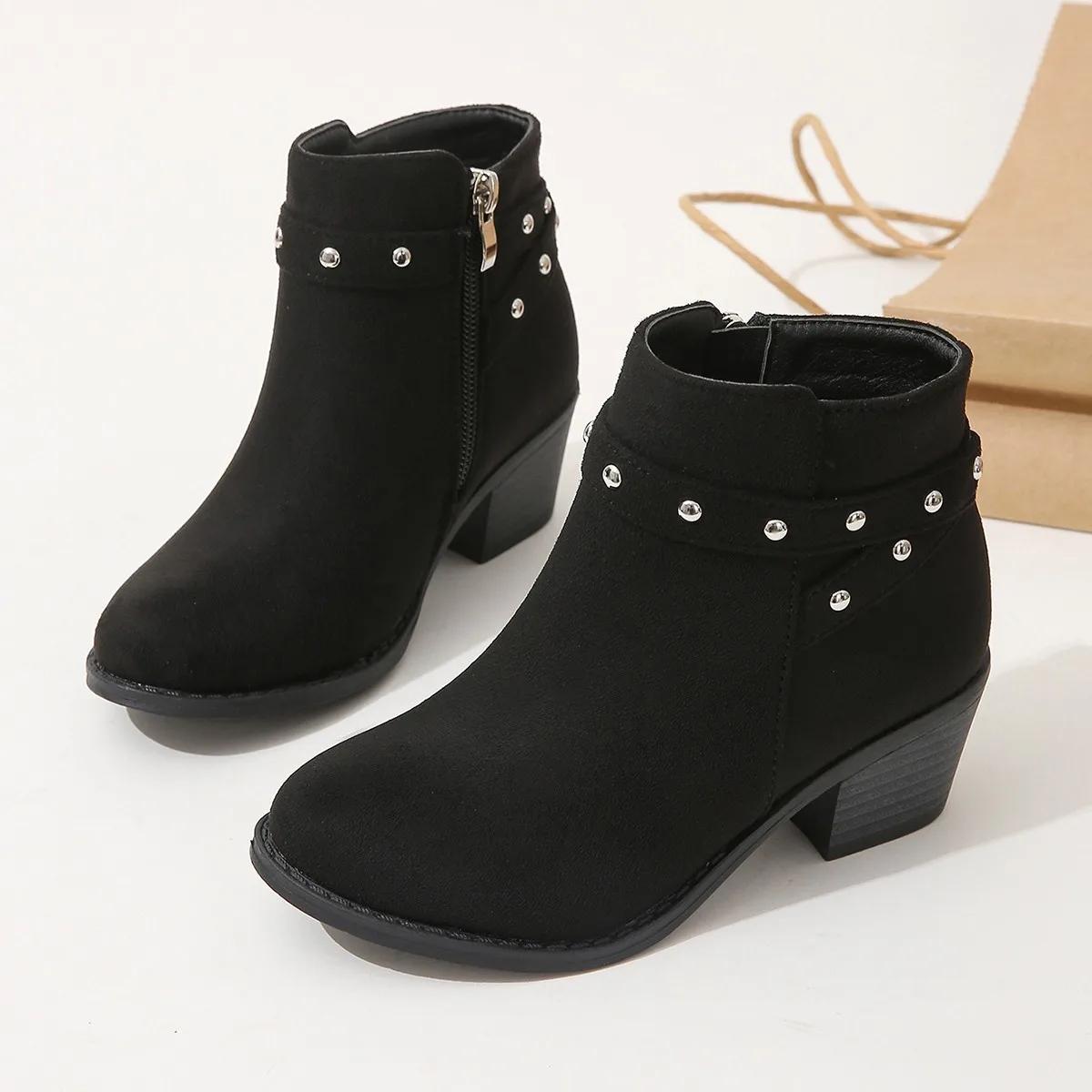 

Spring European and American Girls Short Boot Rivets Chic Simple Kids Versatile Soft Breatheable Kids Boots PU 29 чёрный