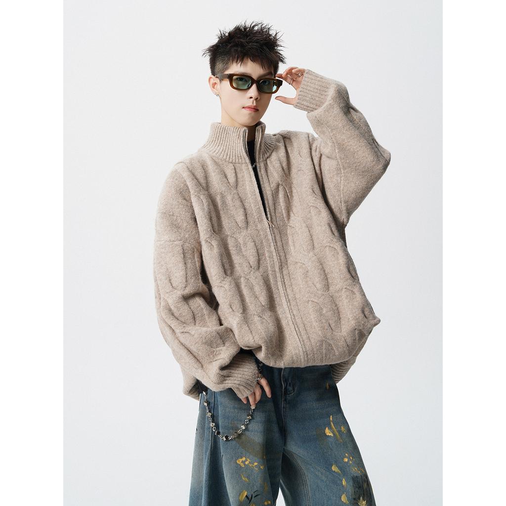 American solid color texture knitted cardigan jacket men's and women's autumn and winter new loose lazy style casual zipper sweater