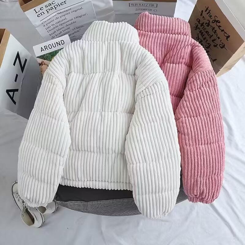Korean Style Winter Corduroy Short Jacket for Women Black Loose Coats Casual Bread Warm Girl Oversize Coat Thick Parkas
