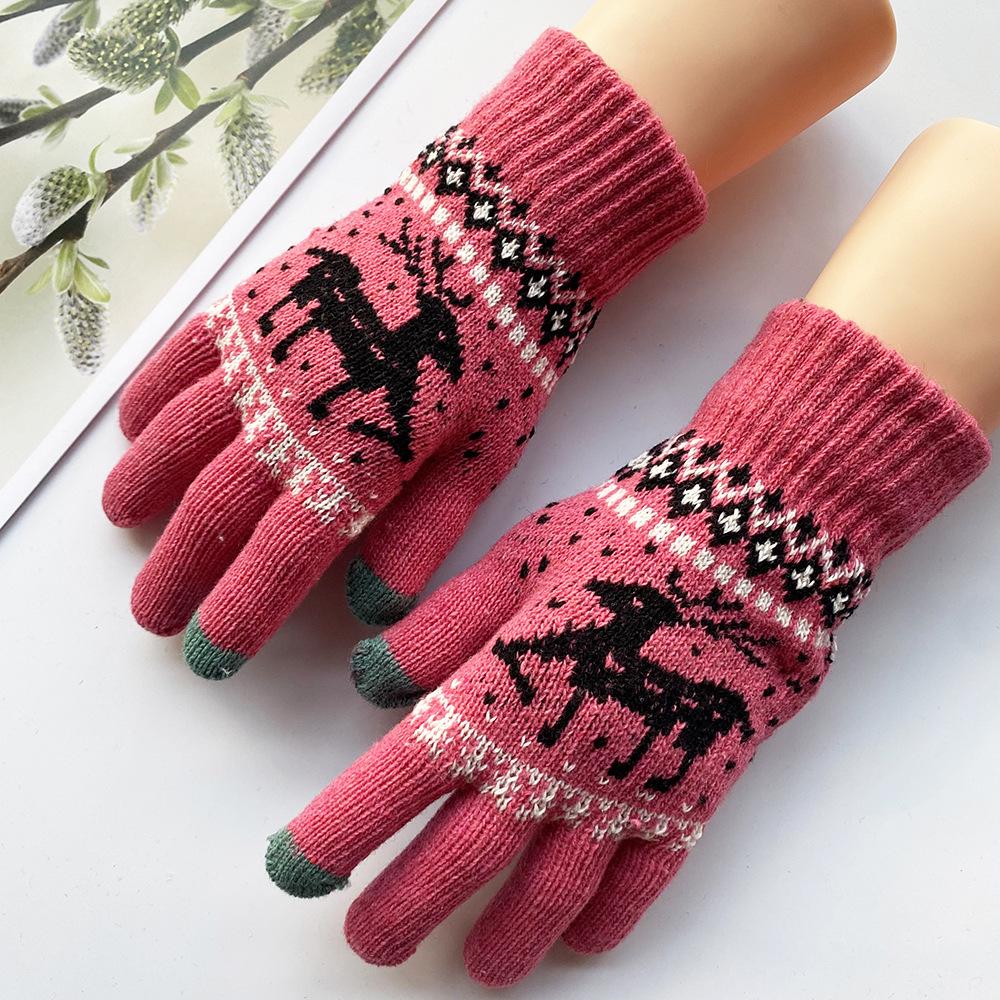 Women's Winter Touchscreen Gloves - Fleece-Lined Wool, Cartoon Deer Design, Warm Cycling Accessory