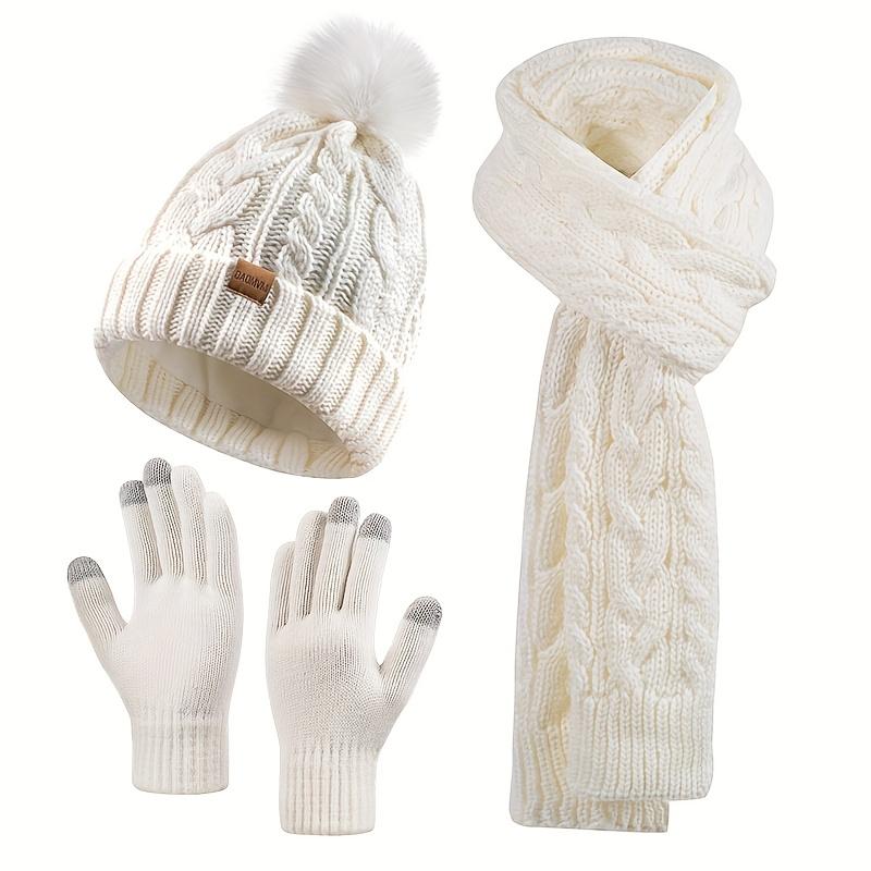 2025 Winter Beanie Hat Scarf Gloves Set for Women, Pom Pom Fleece Lined Hat Long Scarf Neck Warmer Touchscreen Gloves for Cold Weather