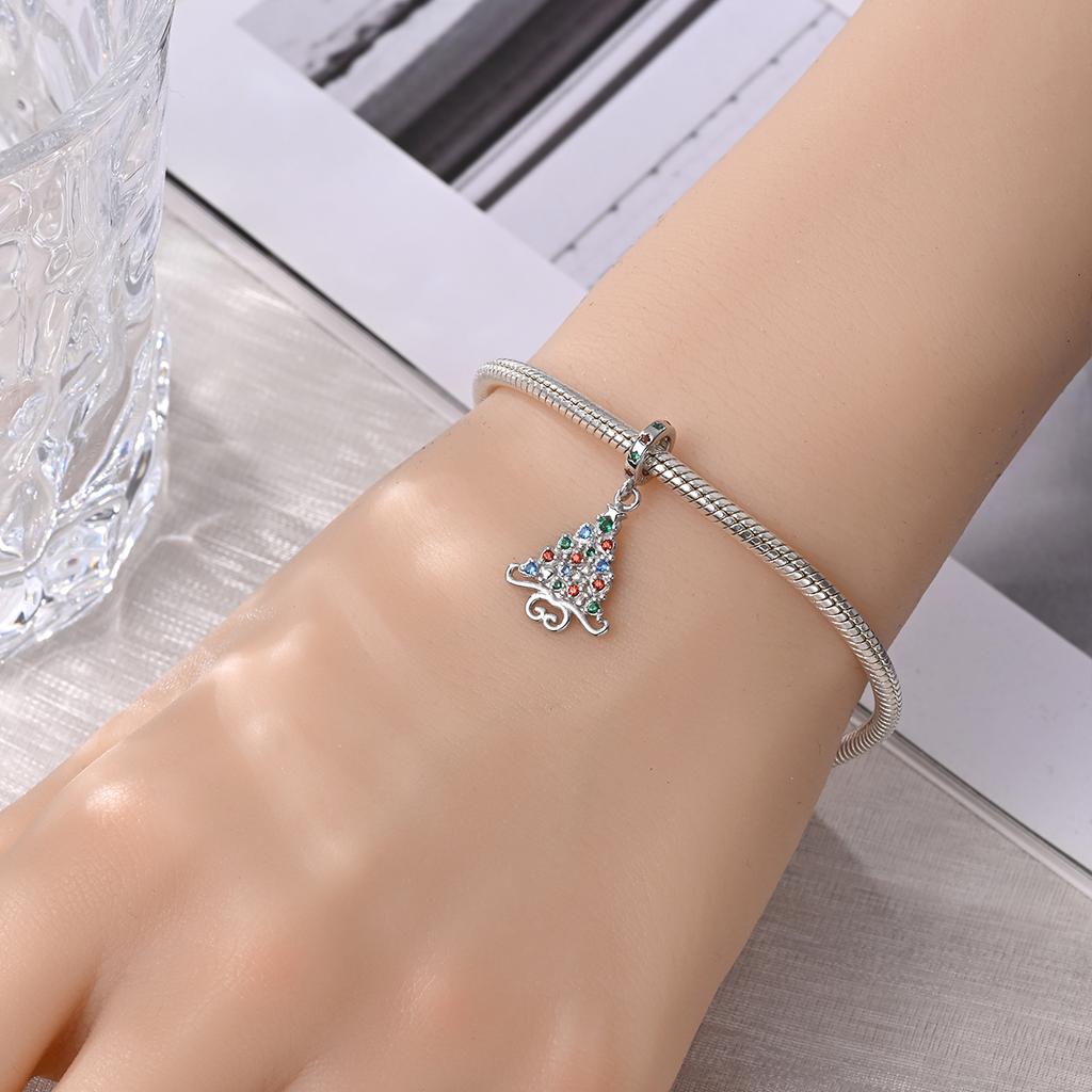 Genuine Copper Charm Luxurious Colored Zircon Christmas Tree Pendants Bead Fits Bracelets DoItYourself Women Delicate Gifts