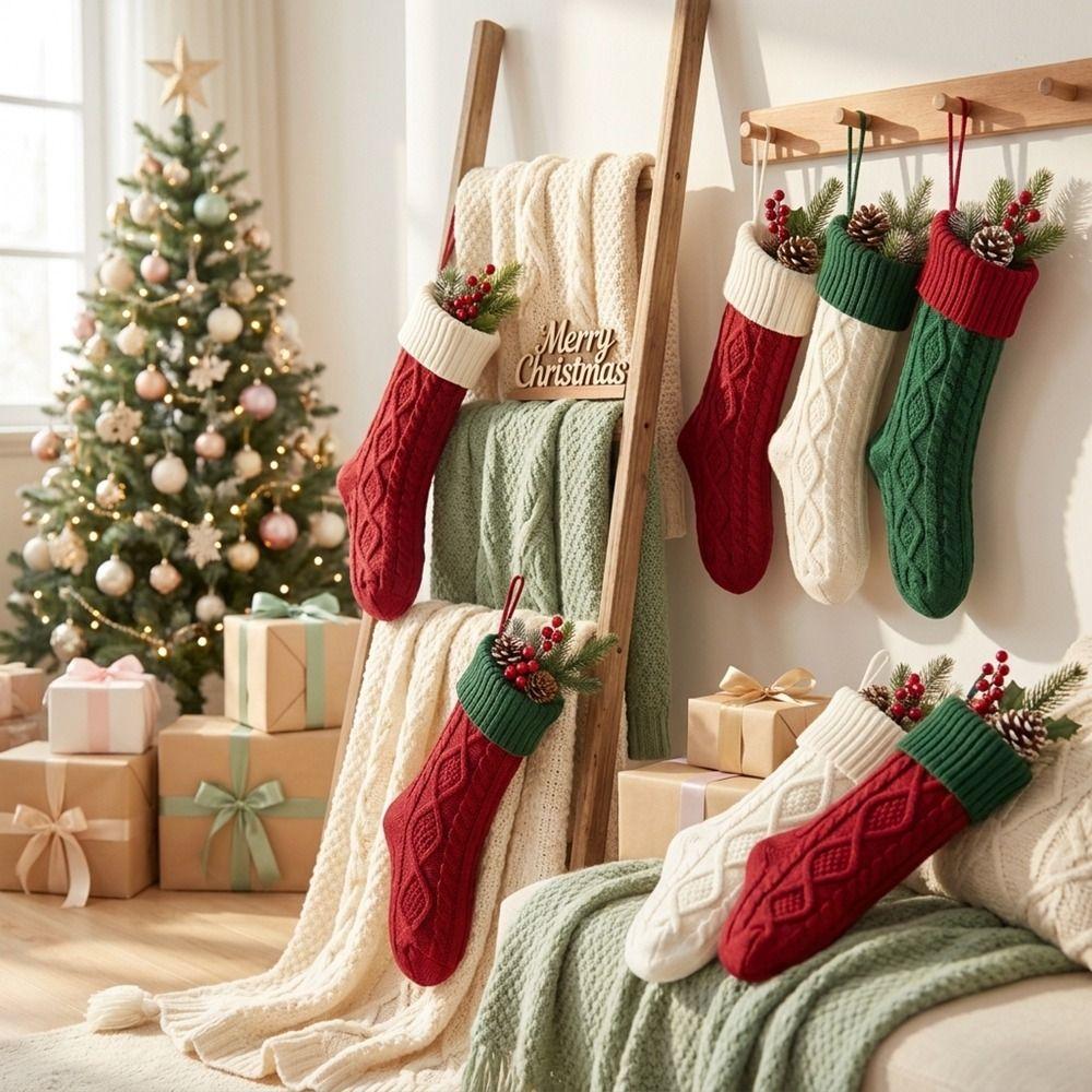Large Capacity Knitted Christmas Stockings Santa Claus Cable Xmas Tree Hanging Decoration Green Knit Christmas Hanging Sock