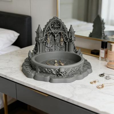 Gotische Kasteel Sieradenbakje Donkere Middeleeuwse Stijl PLA Decoratiebakje met Gedetailleerd Snijwerk & Boogontwerp Multifunctionele Organizer voor Ringen Oorbellen Huis