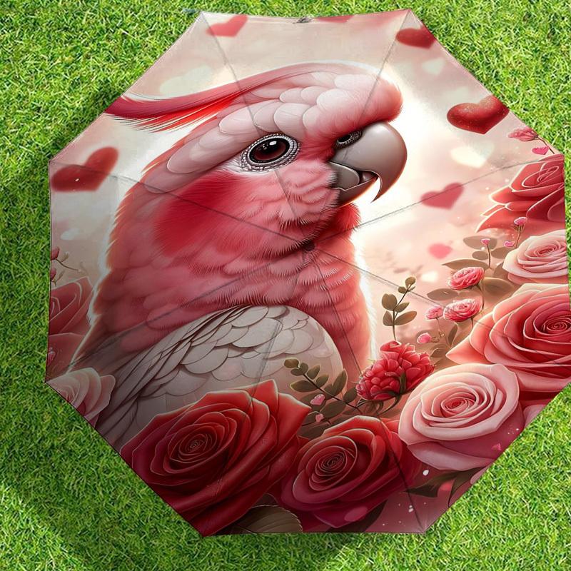 1pc Parrot Roses Automatic Folding Umbrella 8 Rib Iron Frame, Compact Portable Umbrella Suitable for Travel, Daily Use, Birthday, Women & Men Gift 080