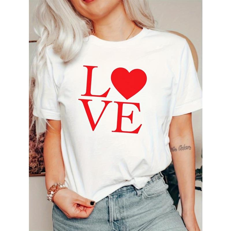 

European Size Unisex White Short Sleeve T-Shirt - Red LOVE Heart Print, Vintage Street Style, Skin-Friendly, Comfortable 4XL