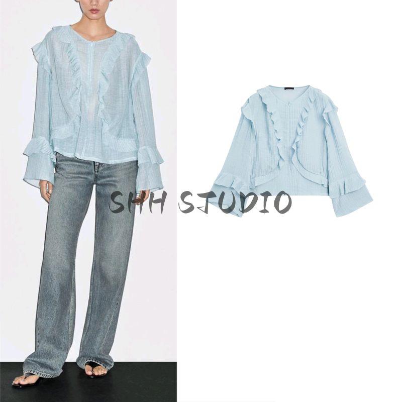 MD Autumn New Women clothes French style Romantic Design Fungus Frill Long sleeve Shirts Top 5181400