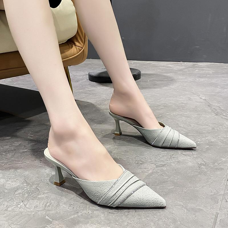 Spring New Baotou Slippers Women's Pointed Head Shallow Mouth Glitter Anti-slip Wear-resistant High Heels