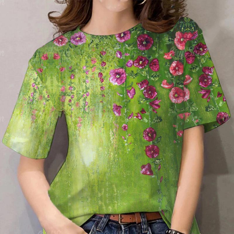 Colorful flowers 3D printed T-shirt, women's casual style top, women's clothing
