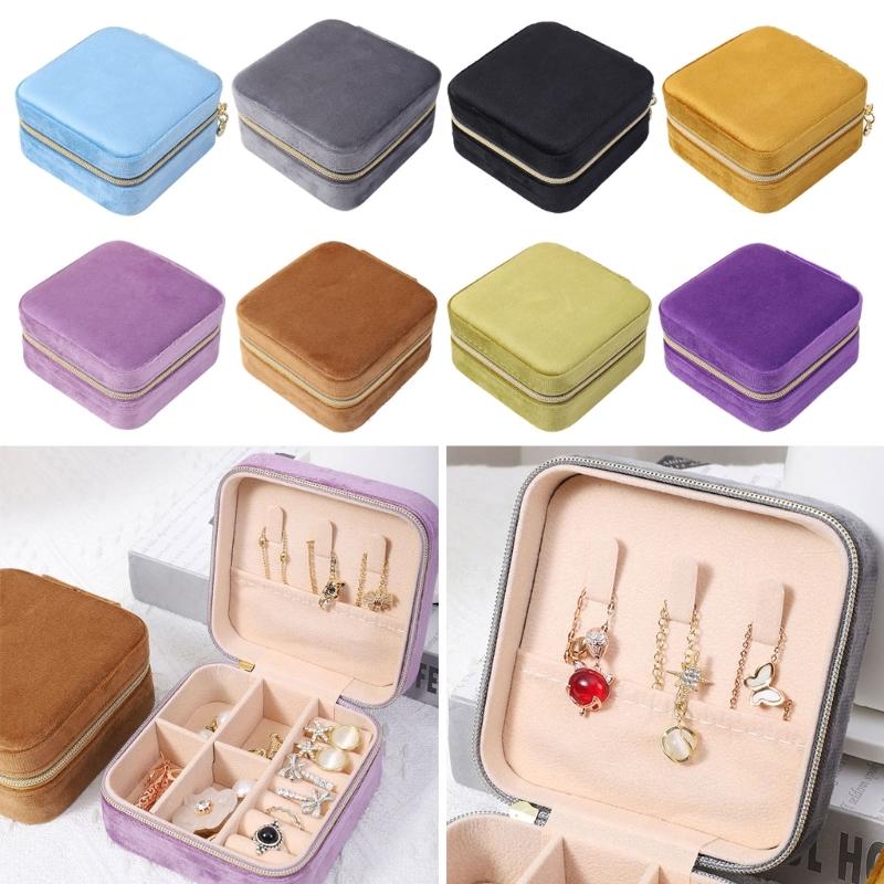 High-end Square Zipper Style Jewelry Box Travel Portable Velvet- Jewelry Storage Bag Bracelet Earrings Jewelry Organizer