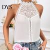 Sexy Back Button Vest Women Halter Neck Solid Color Lace Decoration Blouse Tops Hollow Stitching Casual Button-up Cami