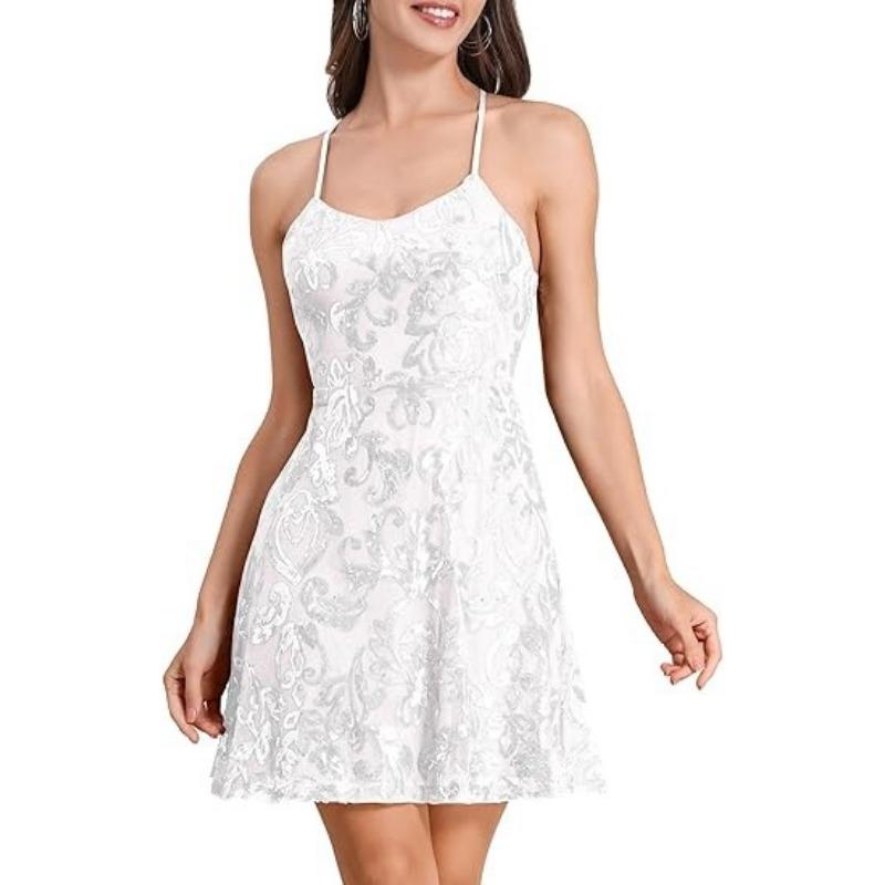 Women Sequined Loose V Neck Sleeveless Strap Cocktail Party Dress