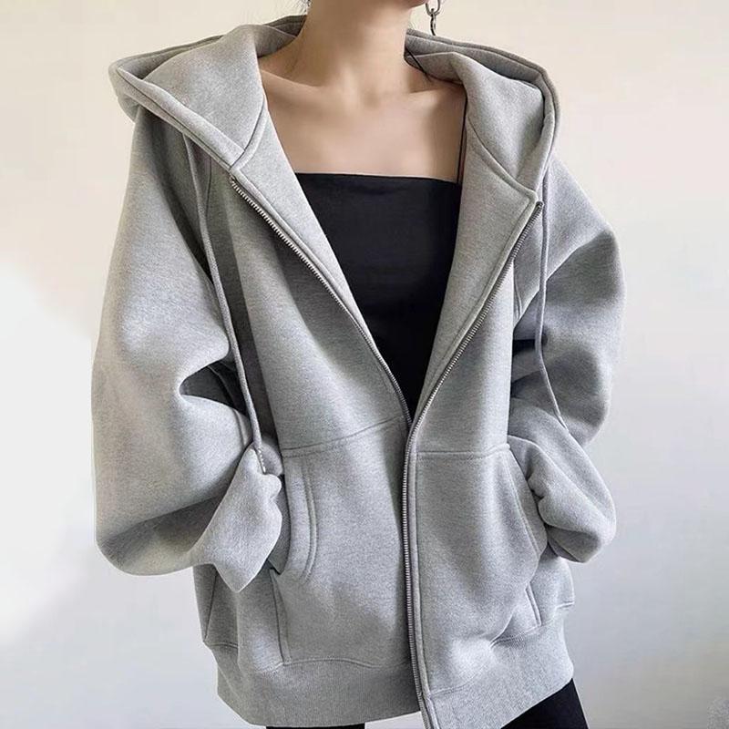 Autumn Winter Women's Fleece Sweatshirt Thickened Hooded Zip-up Loose Sweatshirt