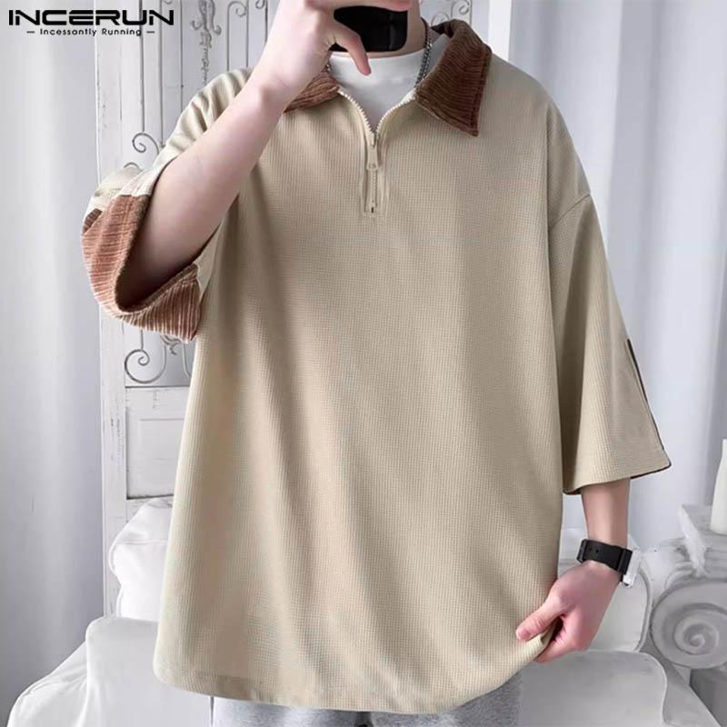 INCERUN Men Oversized Zipper Lapel Half Sleeve Loose Tops Summer Patchwork T-shirts