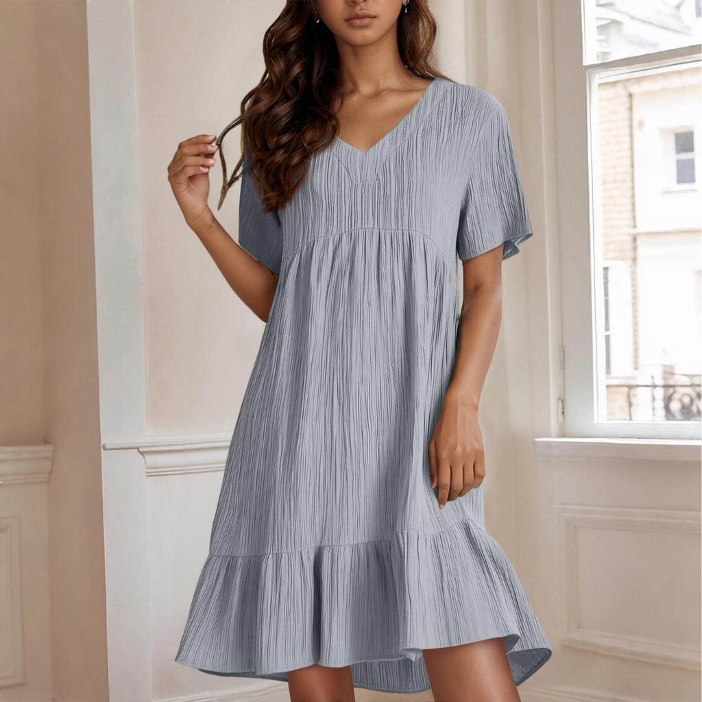 Ladies' Casual And Fashionable Solid Color Dress, Loose Short Sleeved Waist Cinched Dress