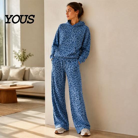 Damskie casualowe zestawy dopasowane Bluza z kapturem i spodnie w panterkę, Bluza z kapturem i kieszenią kangurką, Stroje szerokie nogawki luźne dwuczęściowe zestawy do salonu na jesień