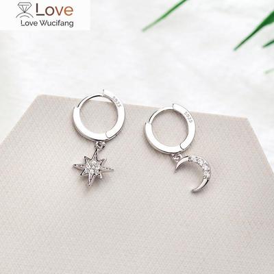 925 Sterling Silver Asymmetry Piercing Moon Star Stud Earring for Women Girls Wedding Jewelry